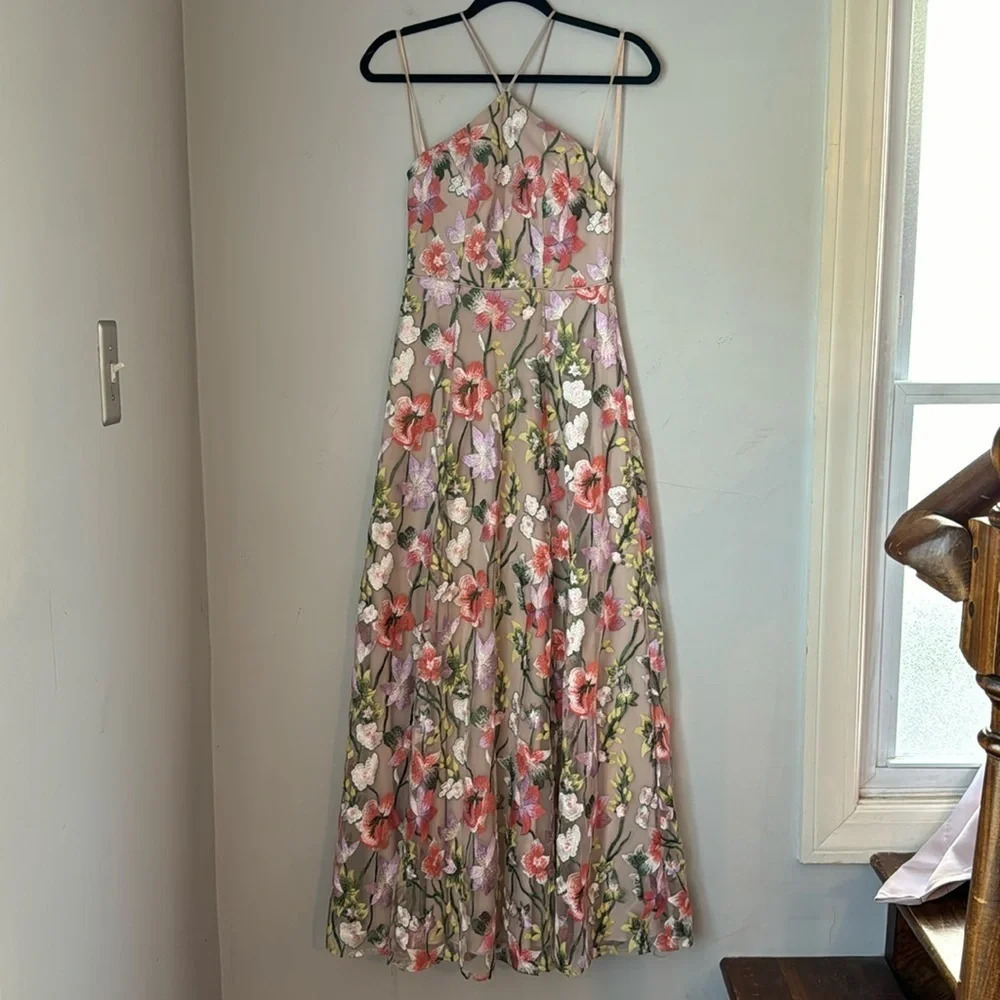 My Michelle Floral Embroidered Maxi Halter Dress Size 1